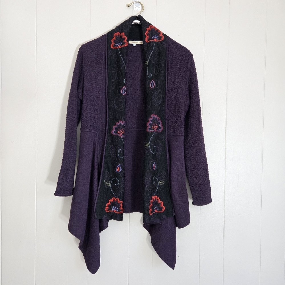 Simply Natural Fantasia Alpaca Blend Open Front Cardigan Shawl Collar Embroidery - Picture 2 of 12